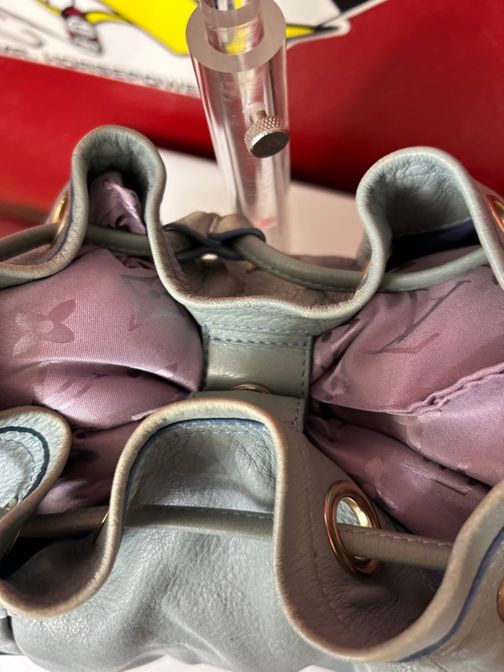 MCM Pale Blue Pebbled Leather Drawstring Hobo Bag - Picture 7 of 15